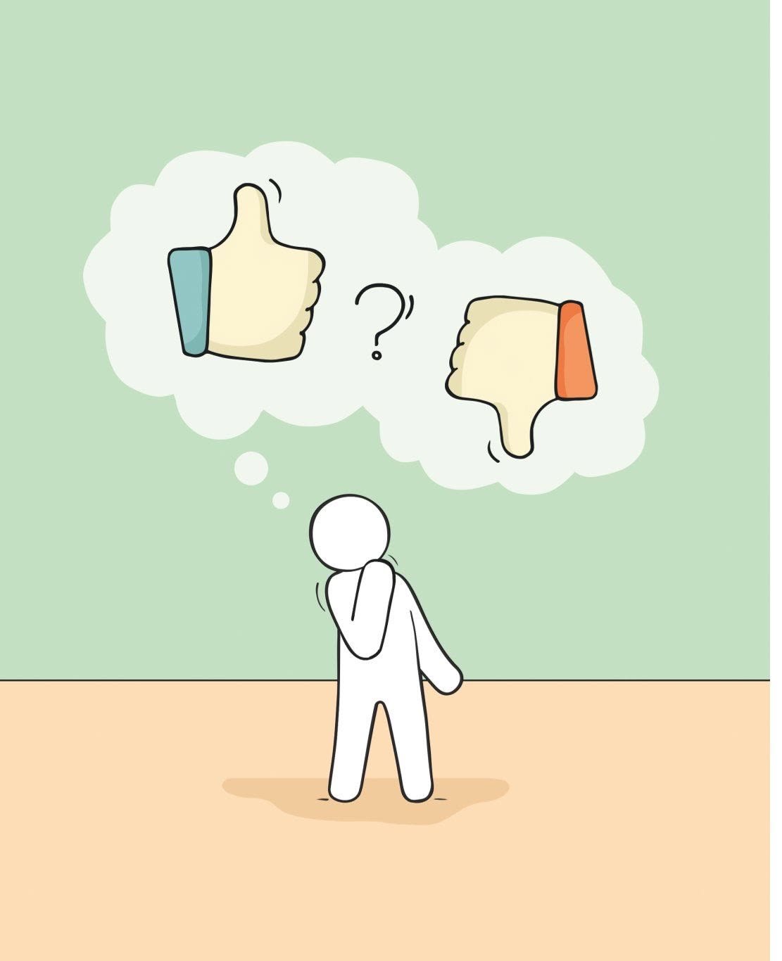 Personnage qui hésite entre un pouce levé et un pouce baissé