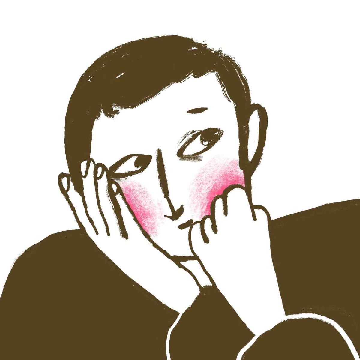 Personnage aux joues rouges, le visage entre les mains