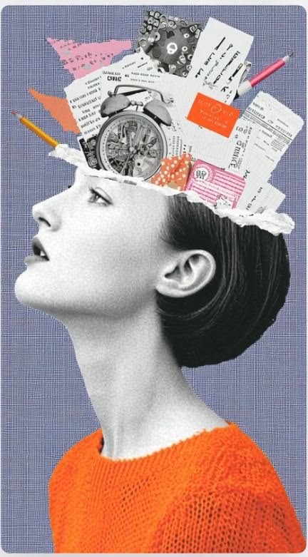 Collage d'une femme de profil, la tête remplie de papiers et d'horloges